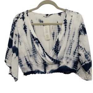 Boho Soul Crop Top Womens Sz M Navy Tie Dye Surplice Smocked Bell Sleeve Hippie